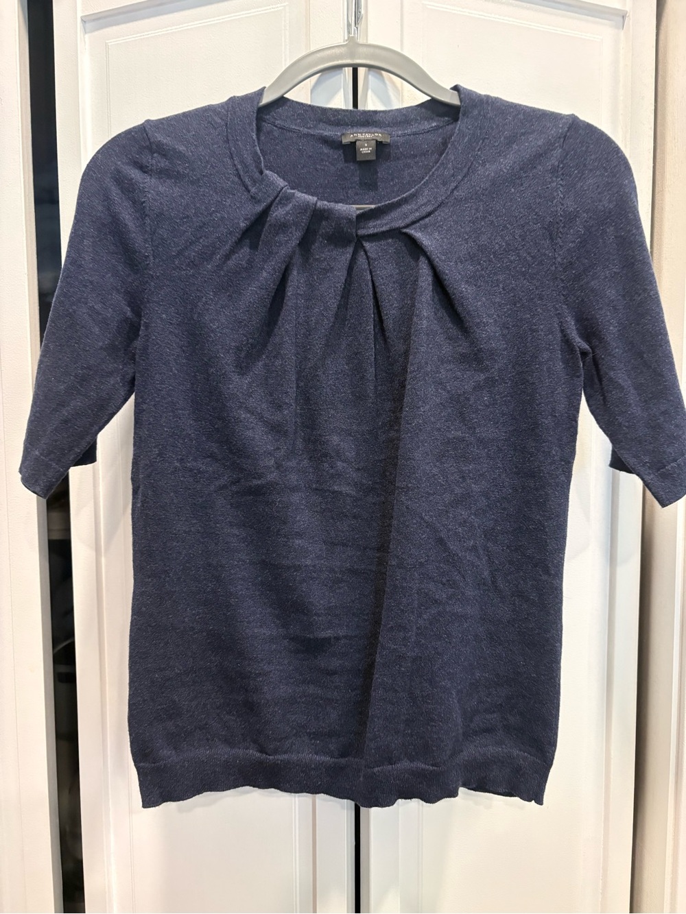 Ann Taylor Factory Navy Pleated Short-Sleeve Sweater